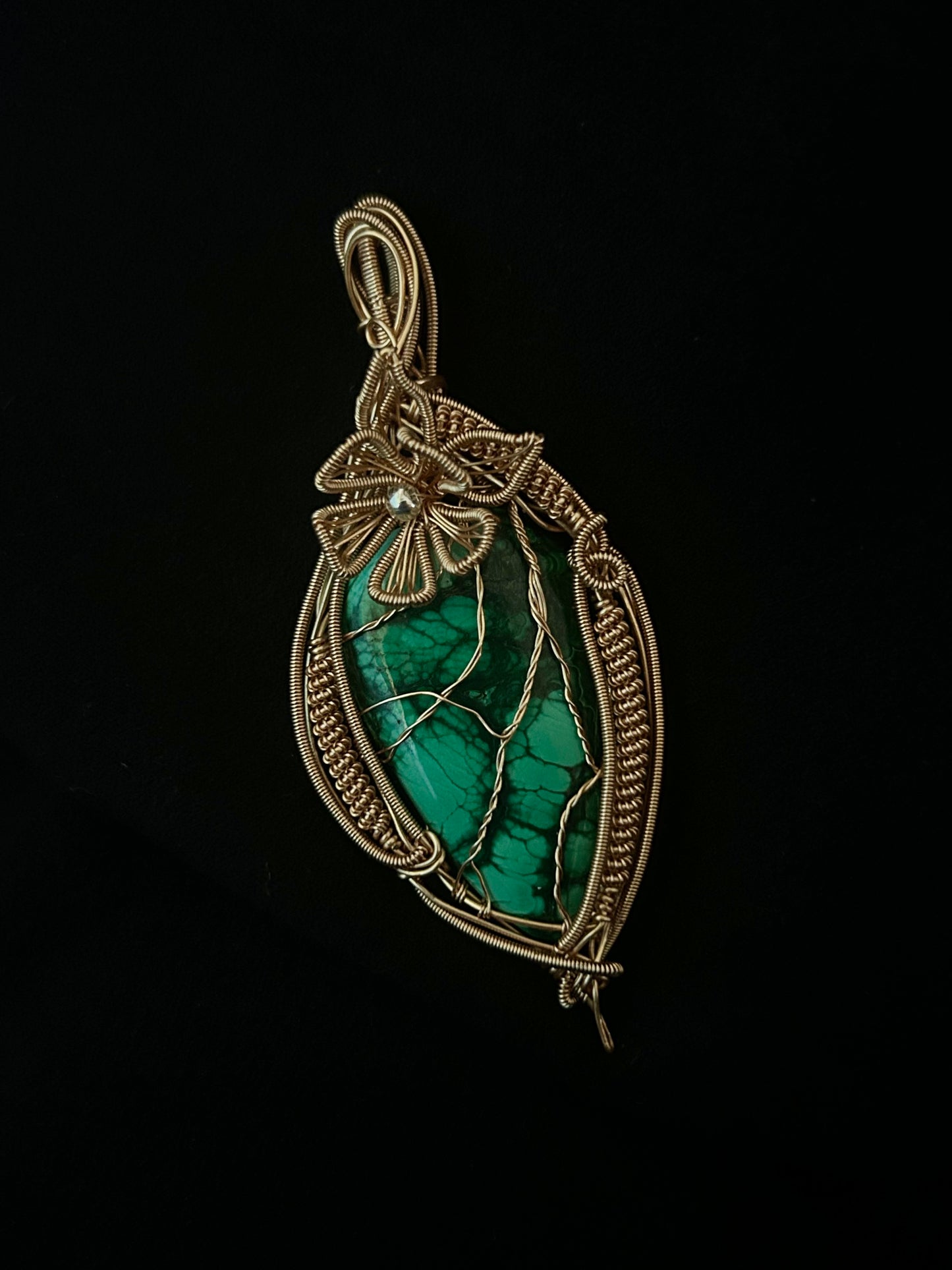 Vines and Flower - Malachite Pendant - Golden
