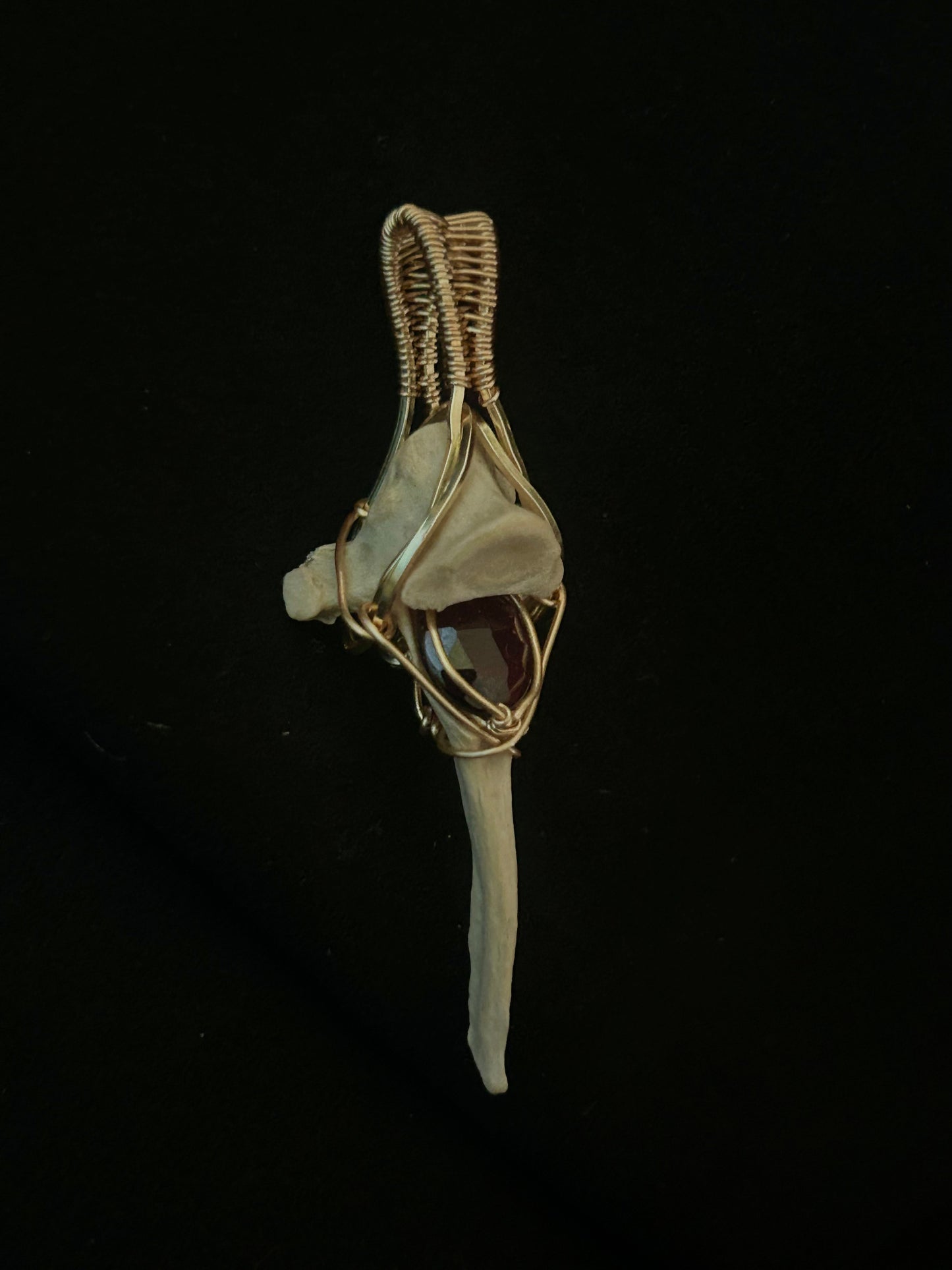 Real Mink Vertebrae with Faceted Garnet Pendant - Golden