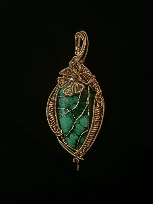 Vines and Flower - Malachite Pendant - Golden