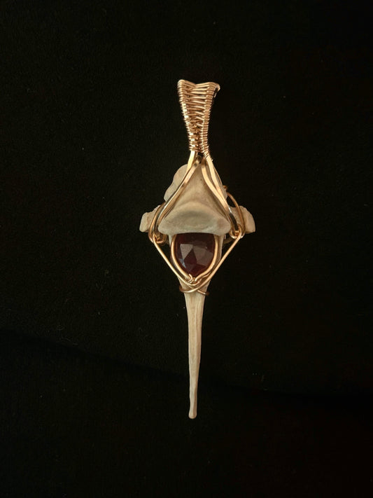 Real Mink Vertebrae with Faceted Garnet Pendant - Golden