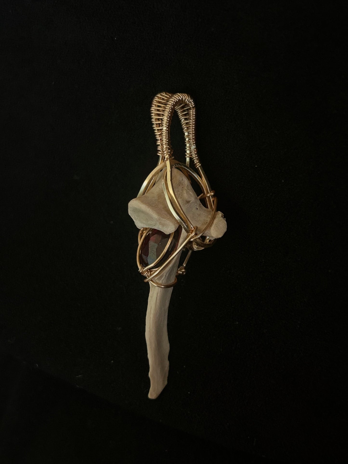 Real Mink Vertebrae with Faceted Garnet Pendant - Golden